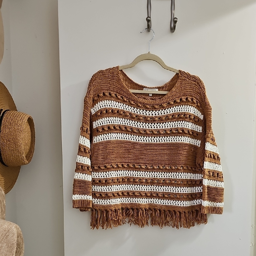 Lou & Grey Striped Fringe Sweater in Brown and Cream